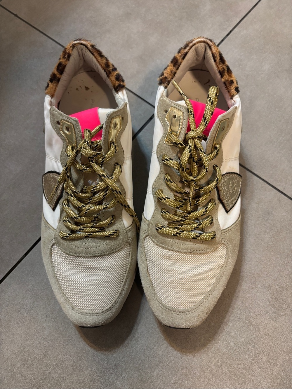 Philippe Model Women’s White & Beige Sneakers hold Accents and leopard heel 9